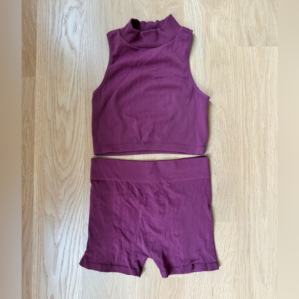Wine Colored Sleeveless Crop Top and Shorts Set